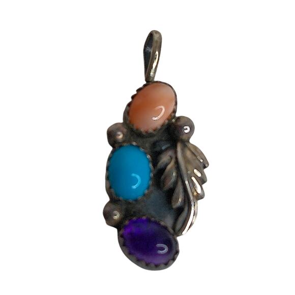 Richard Begay Jewelry - Vintage Richard Begay Sterling Silver Turquoise Amethyst  Coral Navajo Pendant